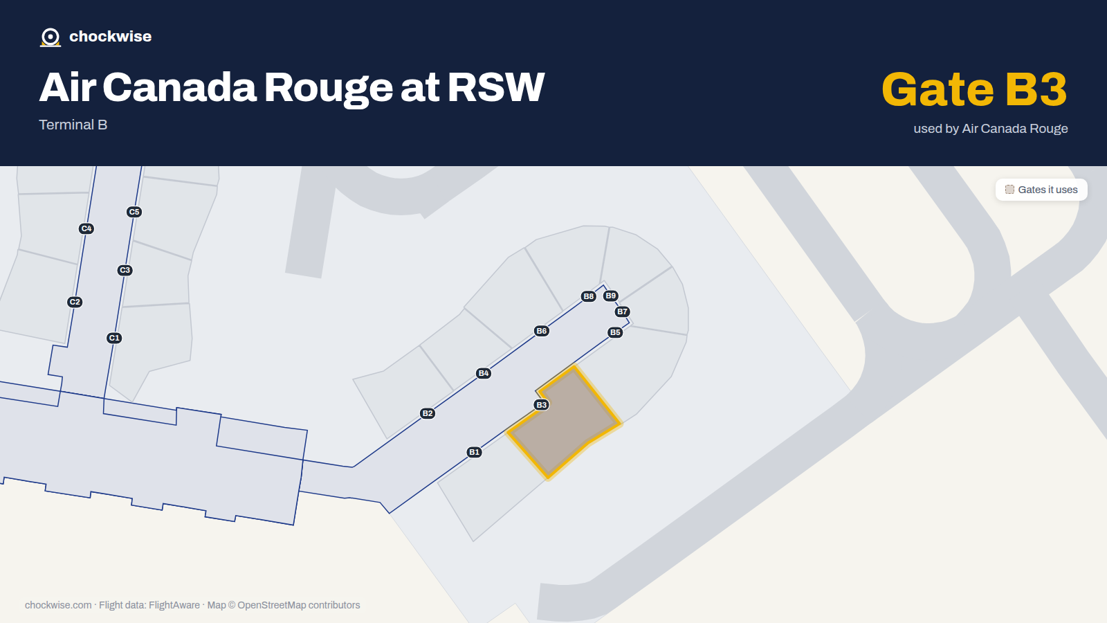Map of RSW with the gates Air Canada Rouge uses highlighted: B3.