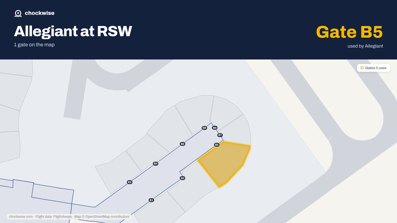 Map of RSW with the gates Allegiant Air uses highlighted: B5.
