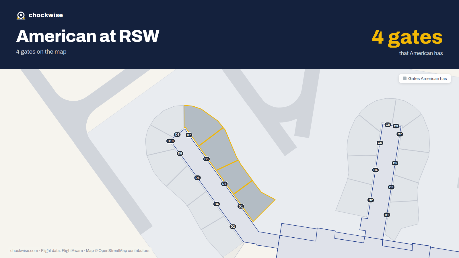 Map of RSW with the gates American Airlines uses highlighted: D1, D3, D5 and D7.