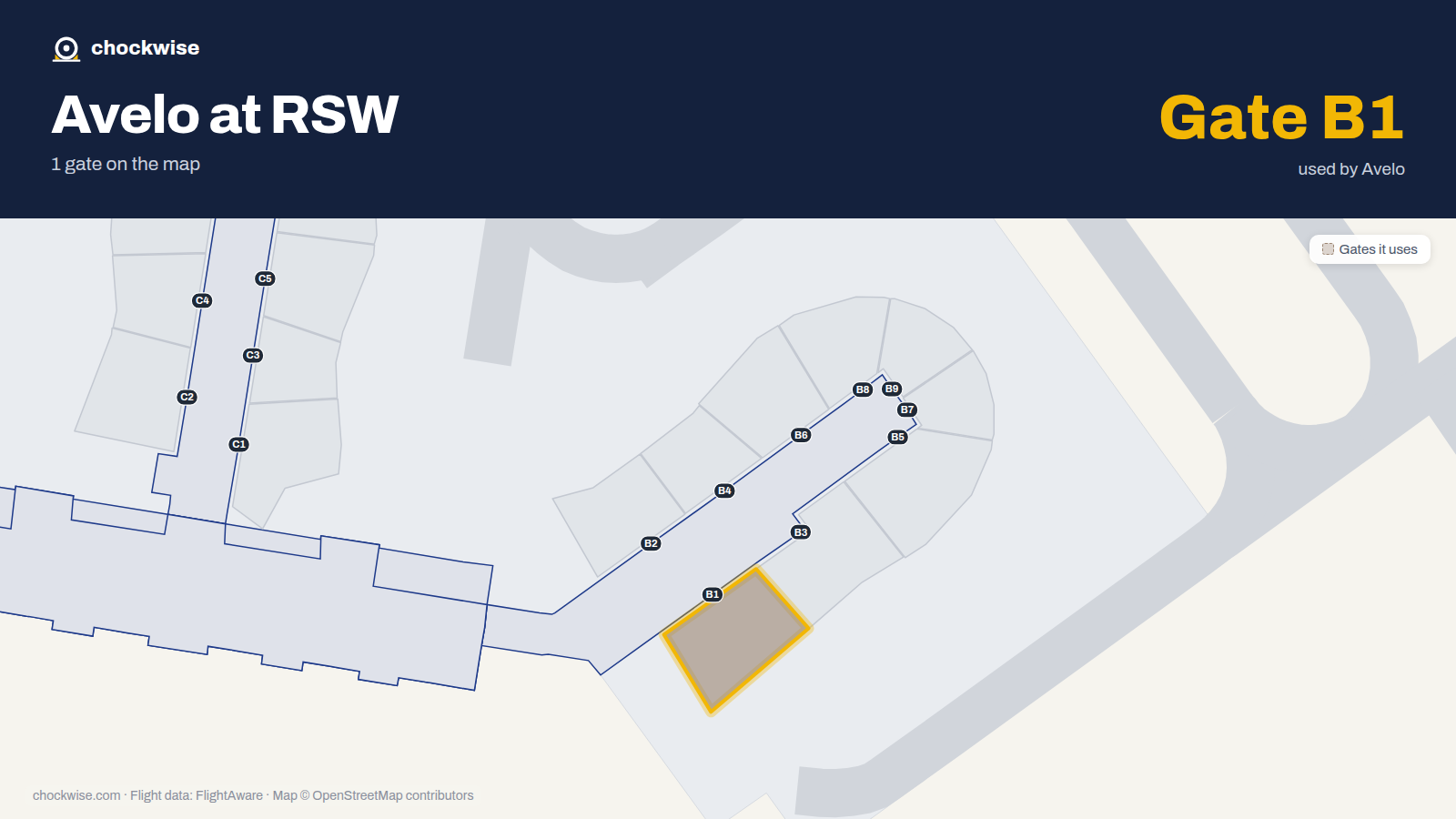 Map of RSW with the gates Avelo Airlines uses highlighted: B1.