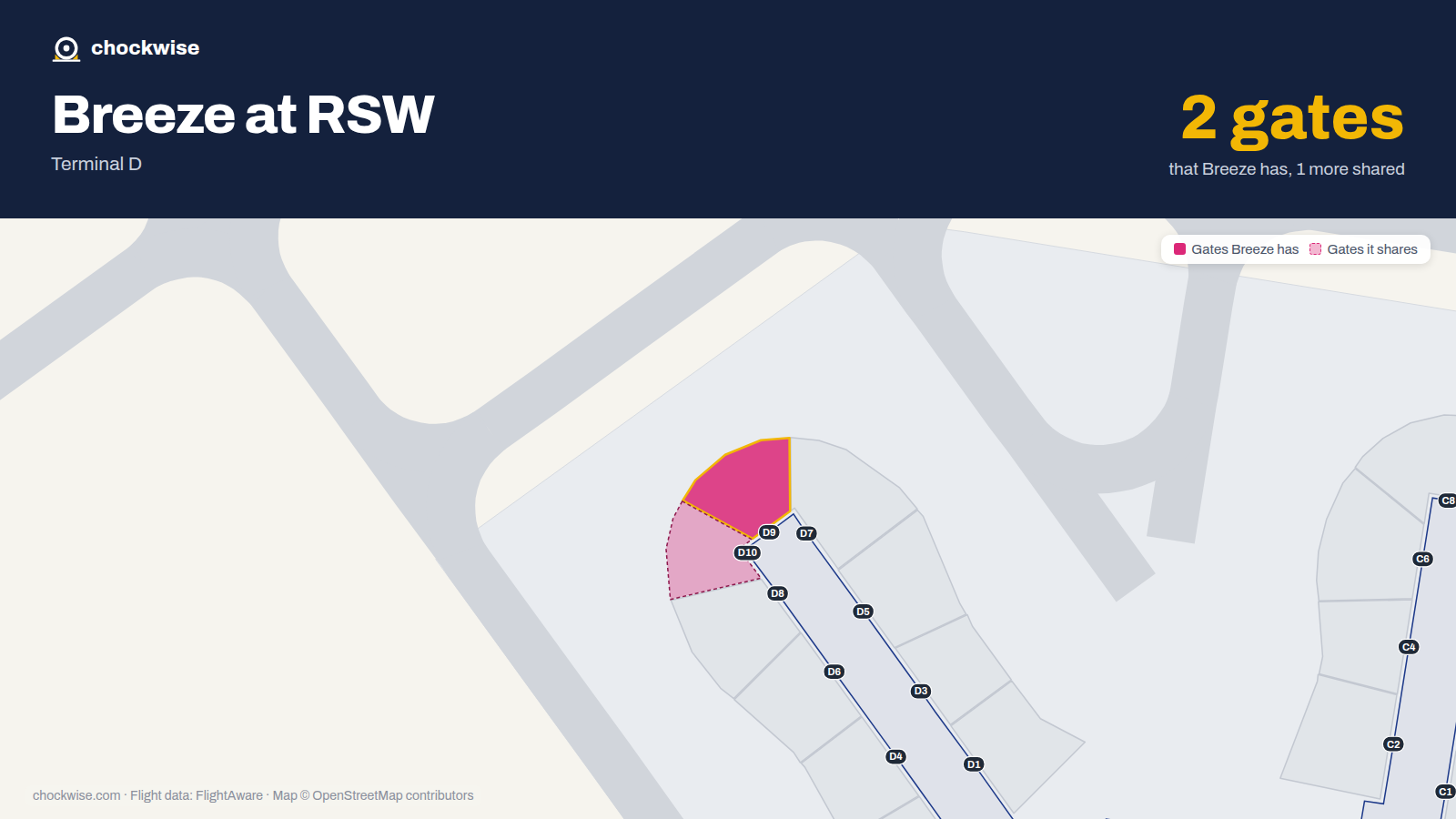 Map of RSW with the gates Breeze Airways uses highlighted: D9.