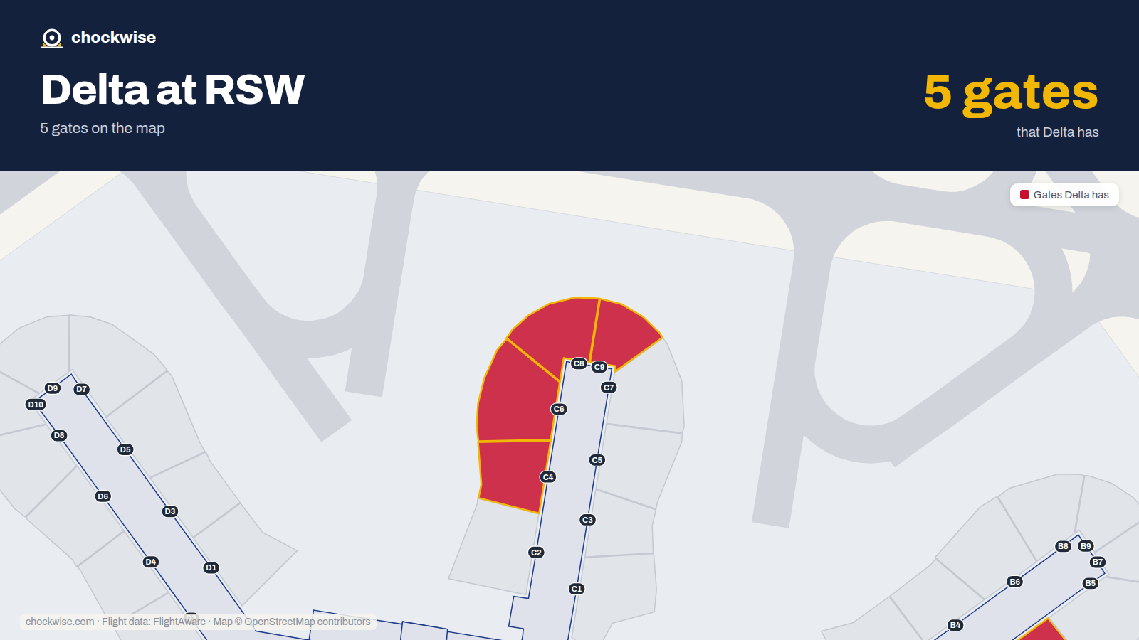 Map of RSW with the gates Delta Air Lines uses highlighted: B3, C4, C6, C8 and C9.
