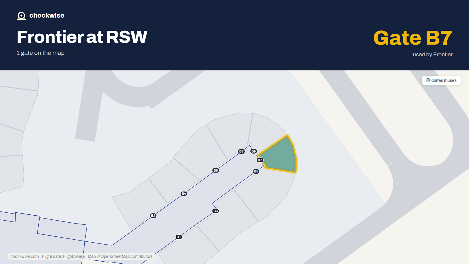 Map of RSW with the gates Frontier Airlines uses highlighted: B7.