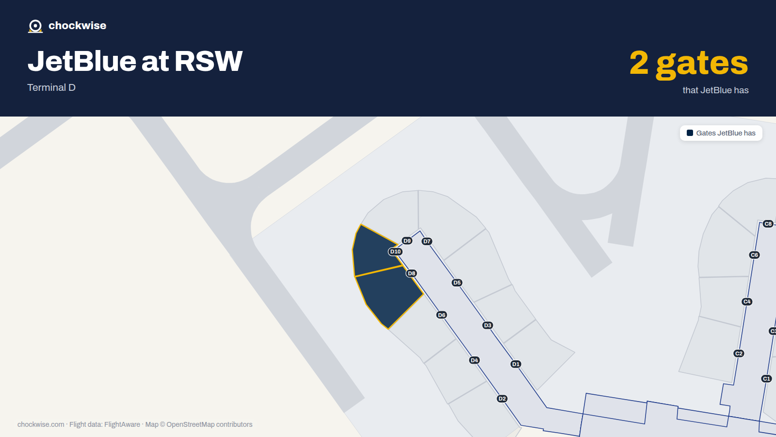 Map of RSW with the gates JetBlue uses highlighted: D8 and D10.
