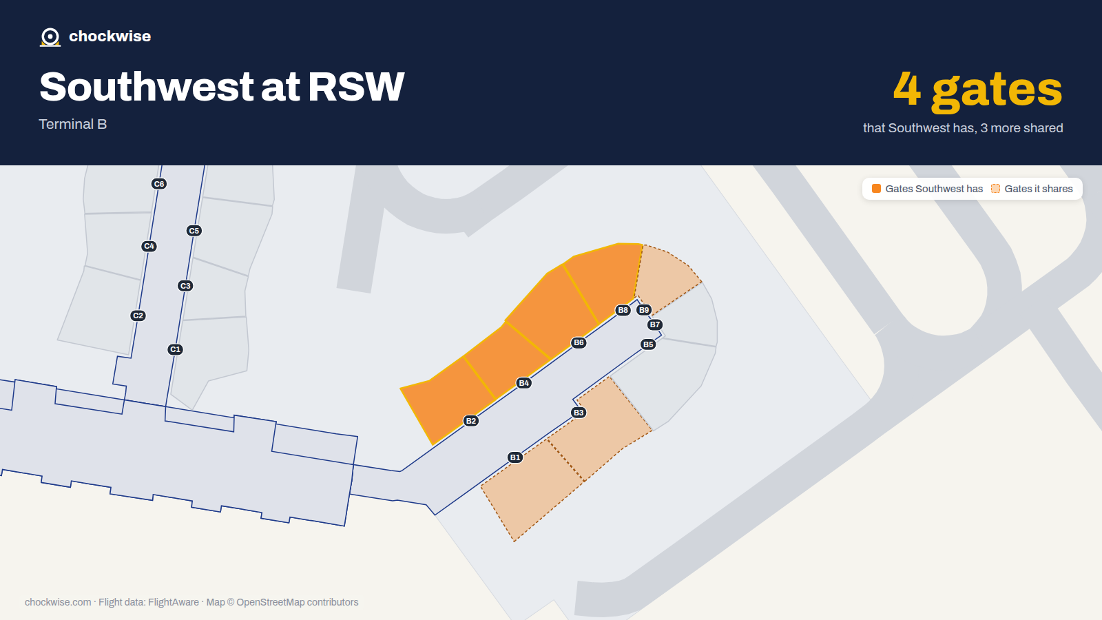 Map of RSW with the gates Southwest Airlines uses highlighted: B2, B4, B6 and B8.