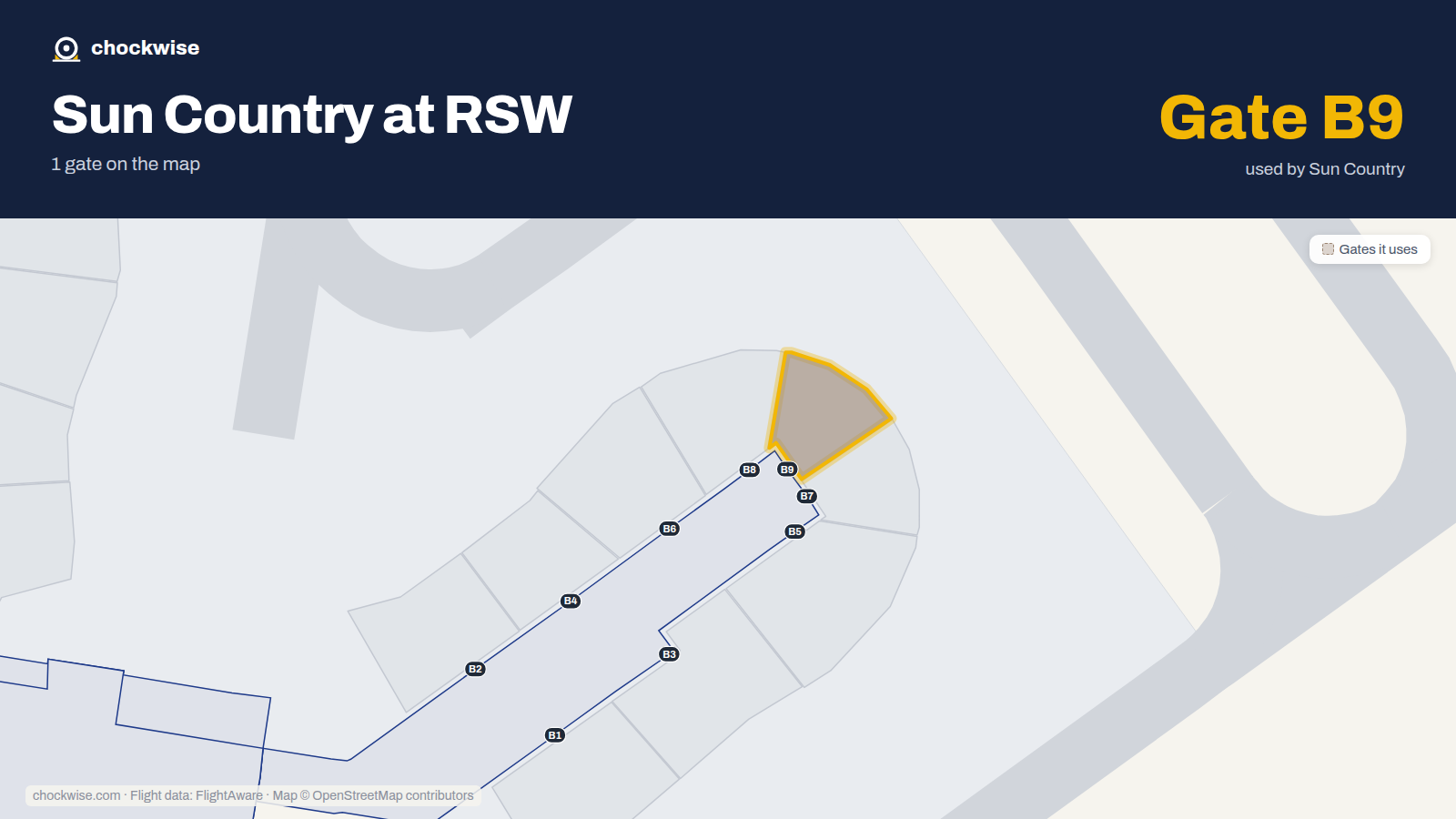 Map of RSW with the gates Sun Country Airlines uses highlighted: B9.
