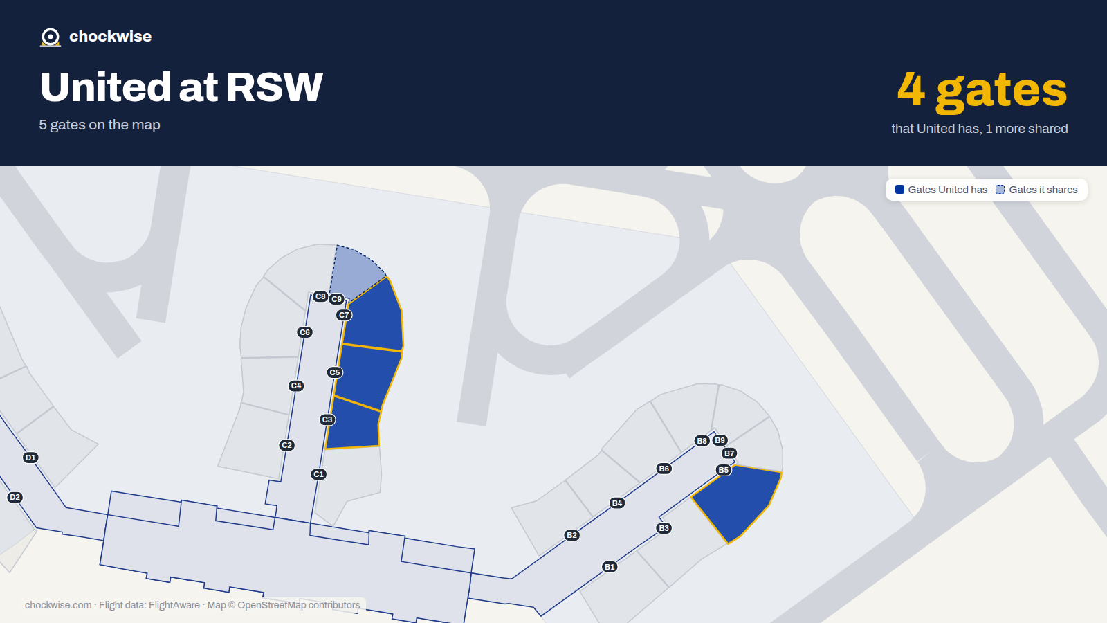Map of RSW with the gates United Airlines uses highlighted: C3, B5, C5 and C7.
