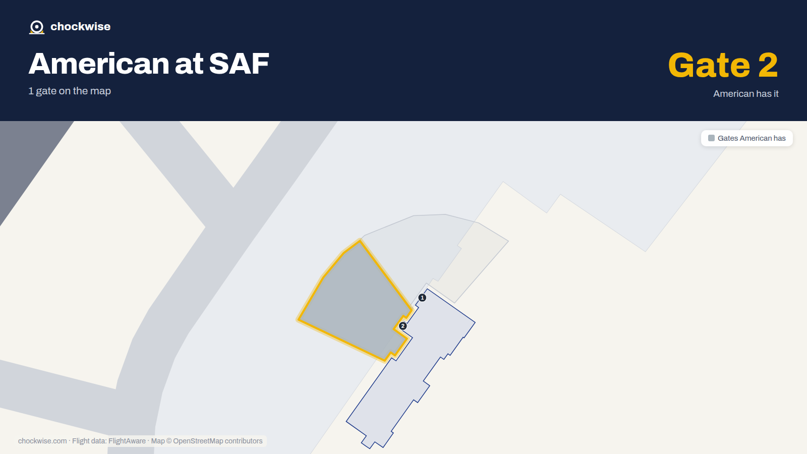 Map of SAF with the gates American Airlines uses highlighted: 2.