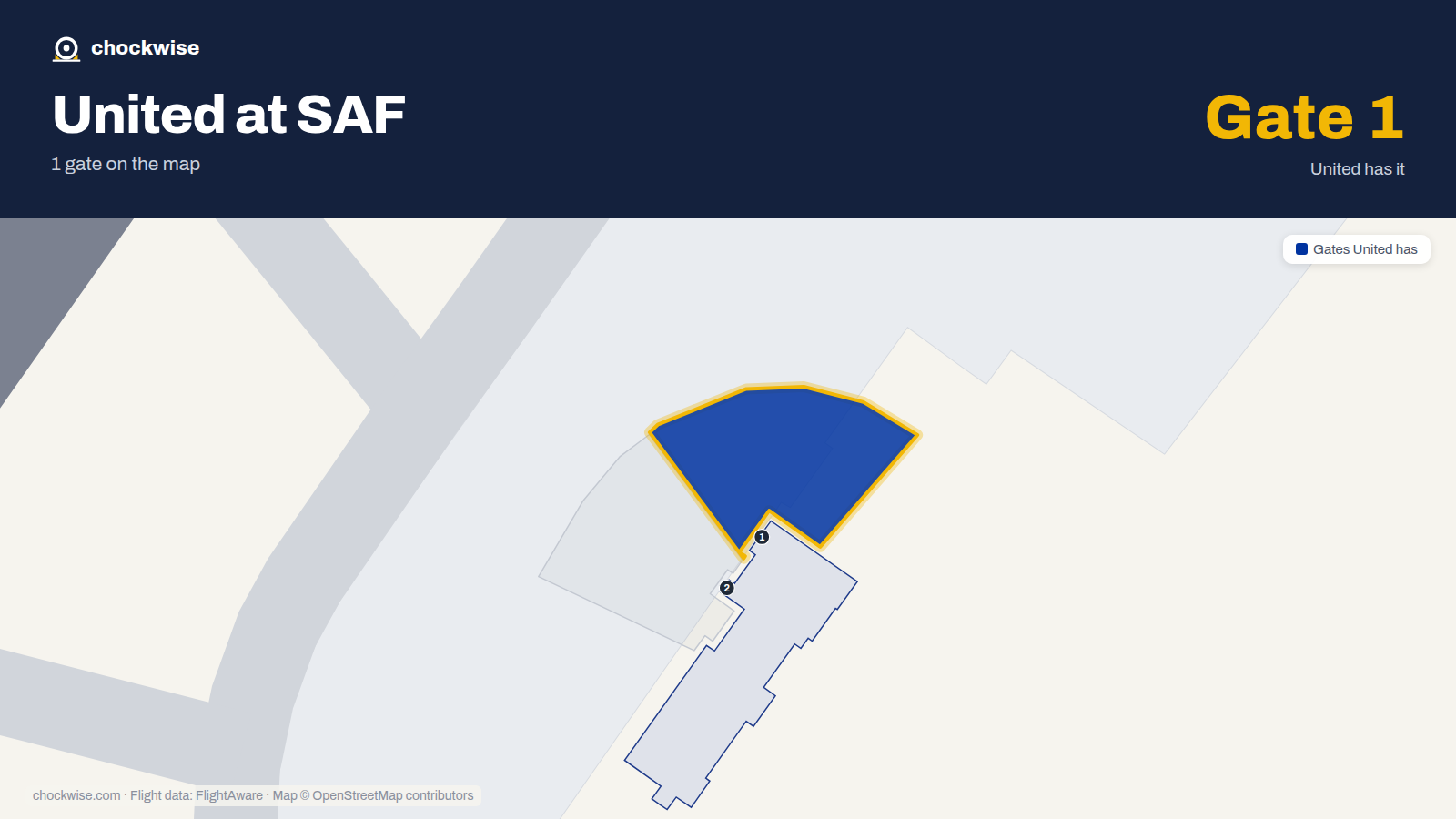 Map of SAF with the gates United Airlines uses highlighted: 1.