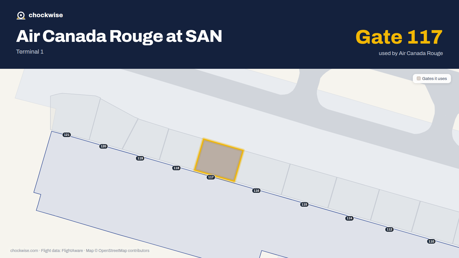 Map of SAN with the gates Air Canada Rouge uses highlighted: 117.