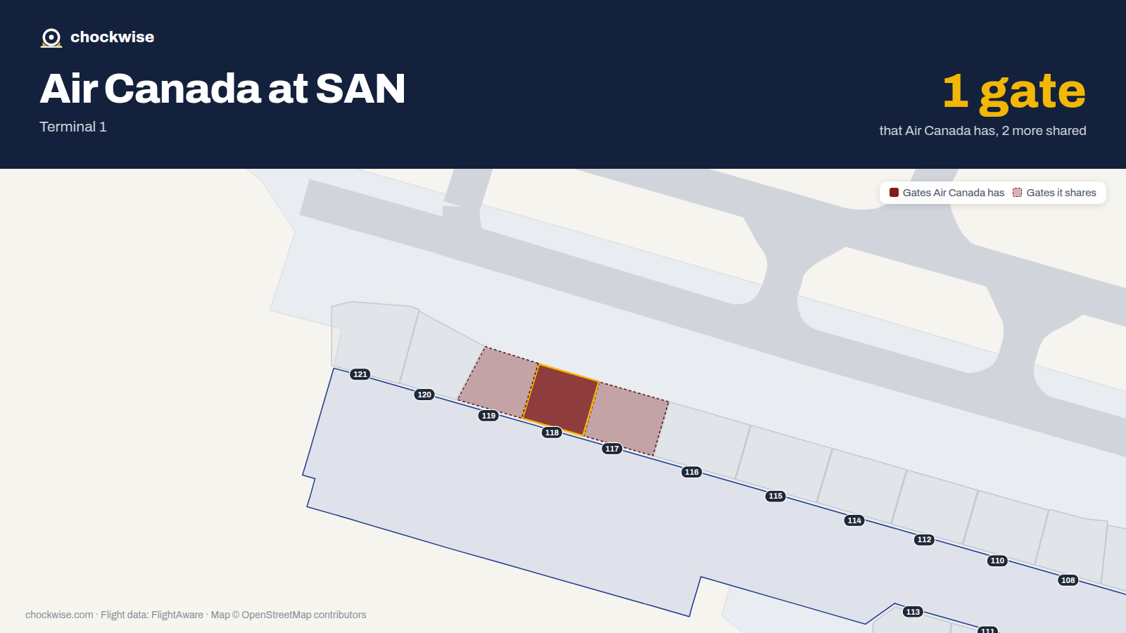 Map of SAN with the gates Air Canada uses highlighted: 118.