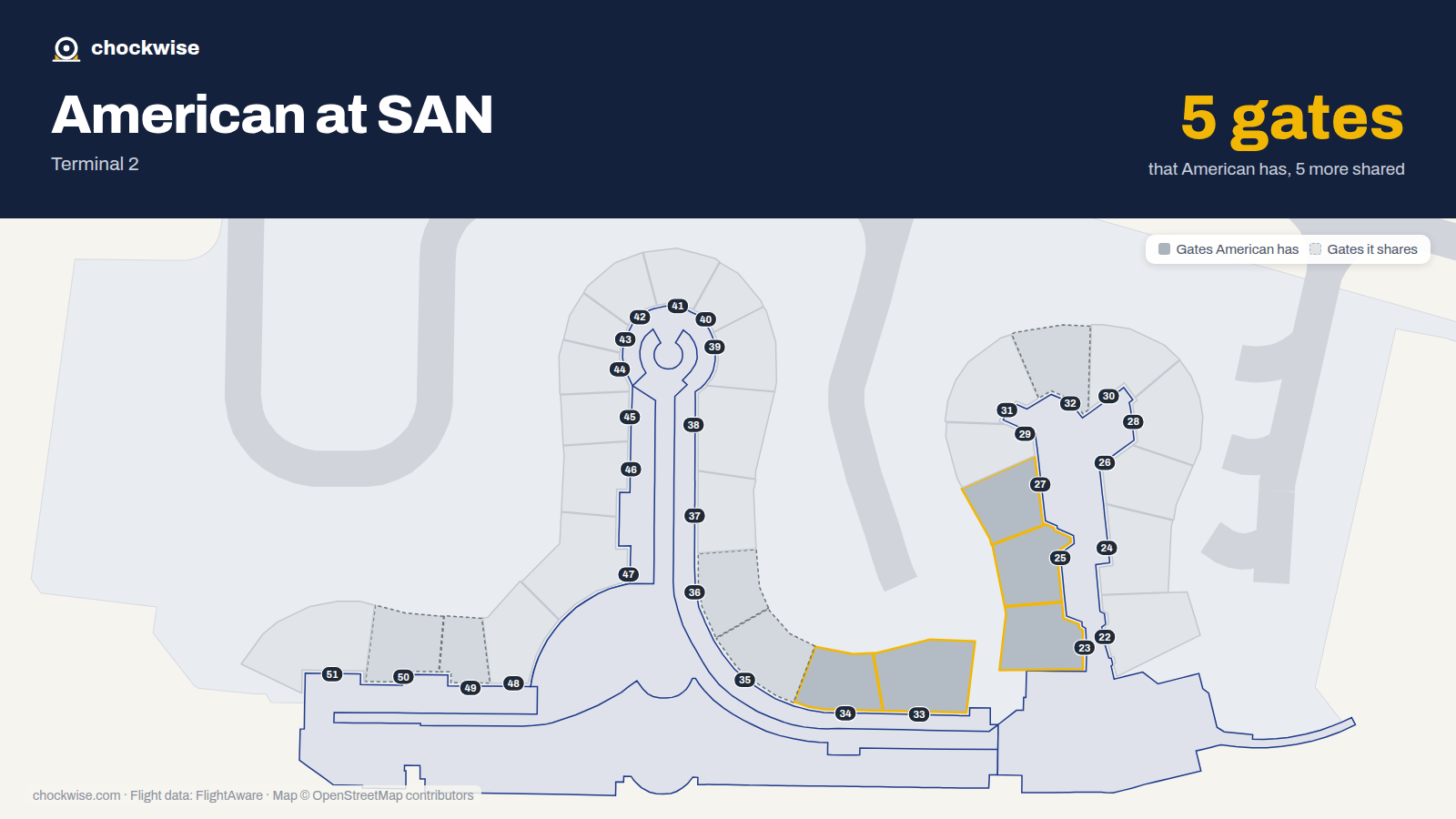 Map of SAN with the gates American Airlines uses highlighted: 23, 25, 27, 33 and 34.