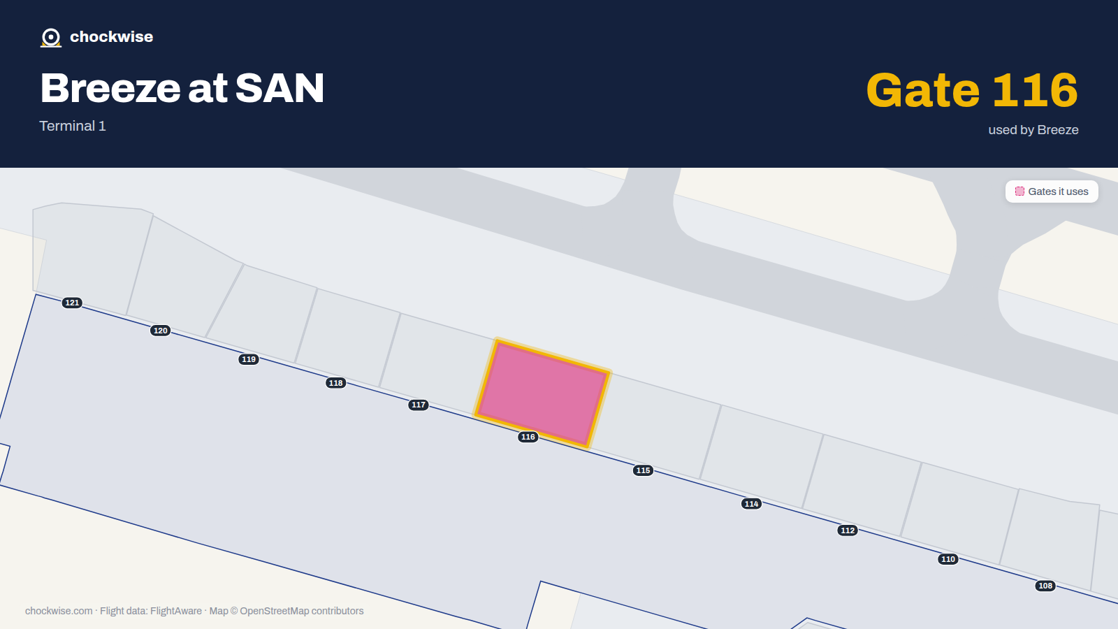 Map of SAN with the gates Breeze Airways uses highlighted: 116.