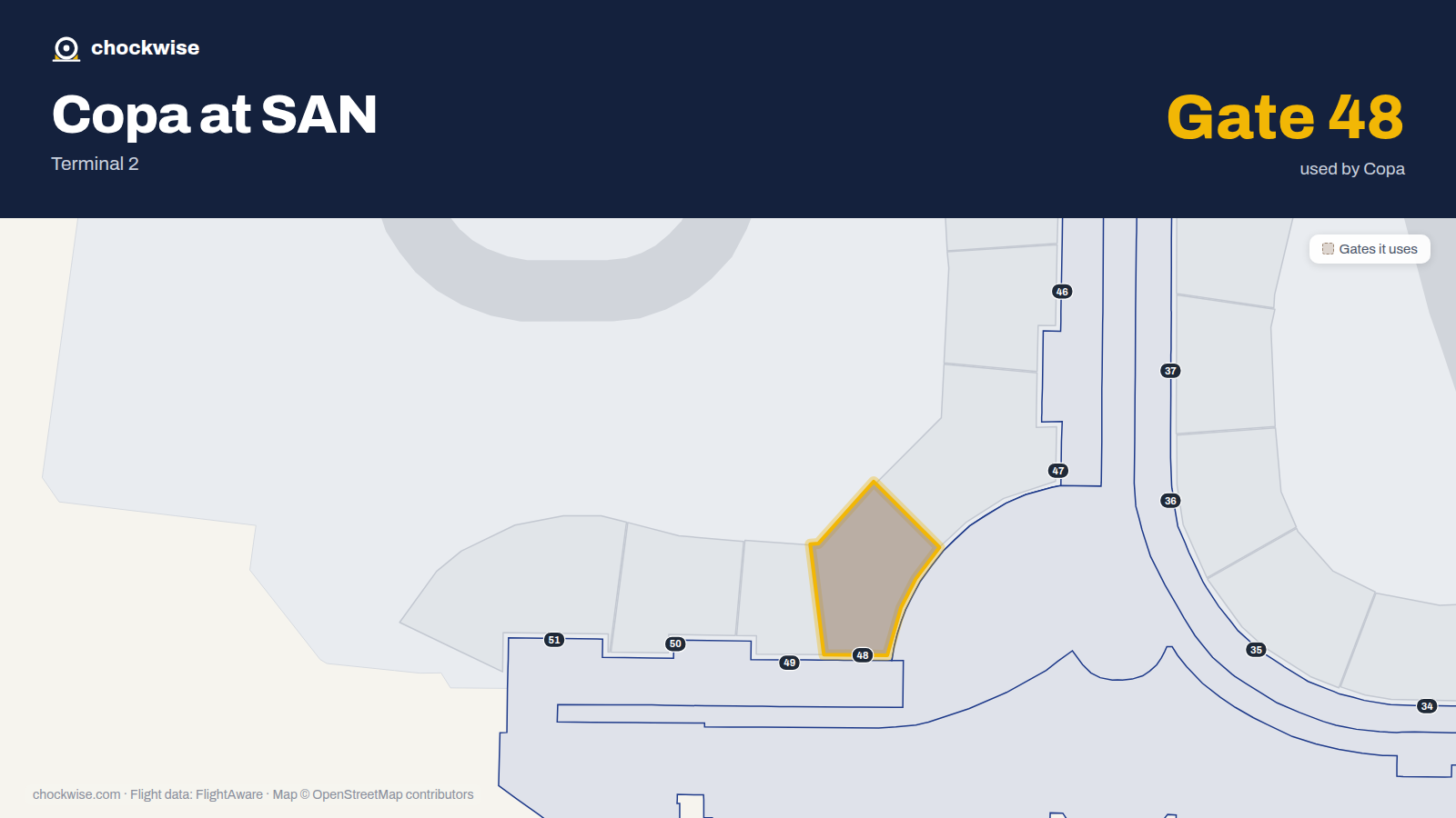 Map of SAN with the gates Copa Airlines uses highlighted: 48.