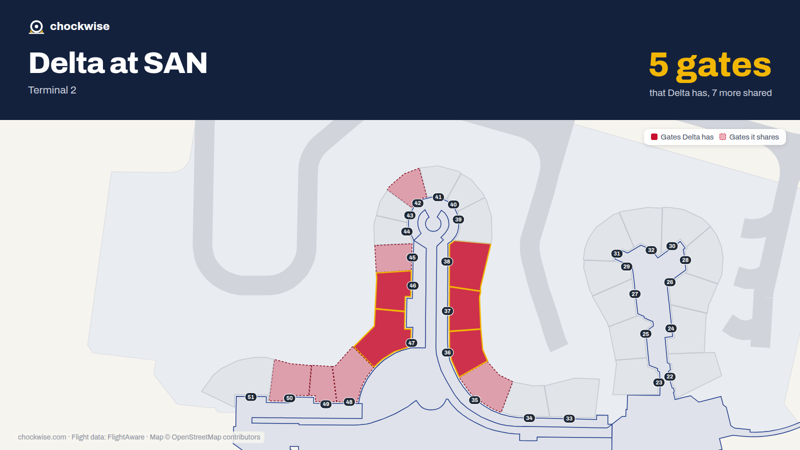 Map of SAN with the gates Delta Air Lines uses highlighted: 36, 37, 38, 46 and 47.