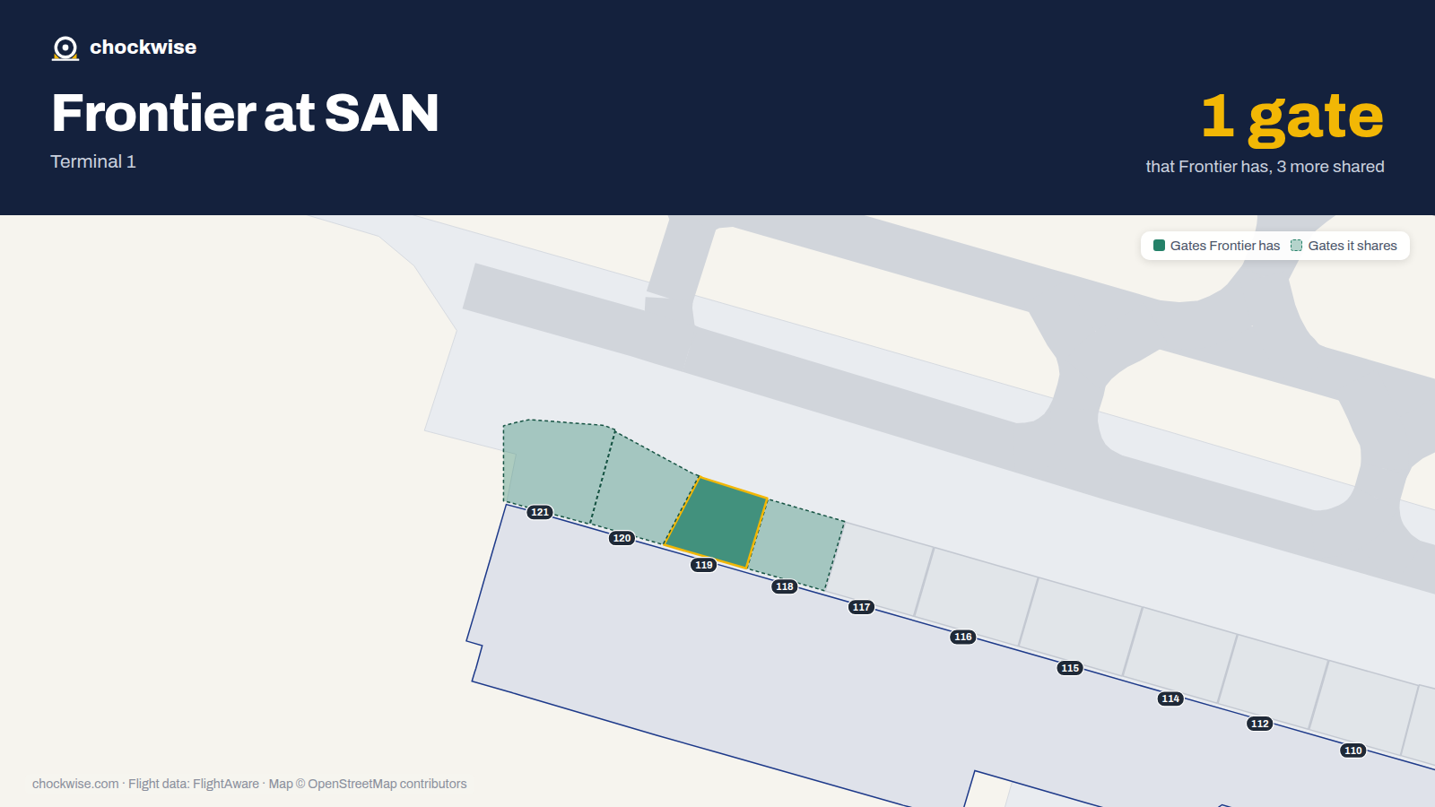 Map of SAN with the gates Frontier Airlines uses highlighted: 119.