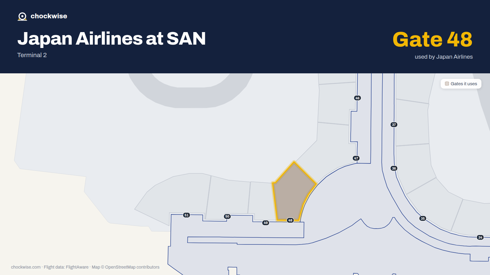 Map of SAN with the gates Japan Airlines uses highlighted: 48.