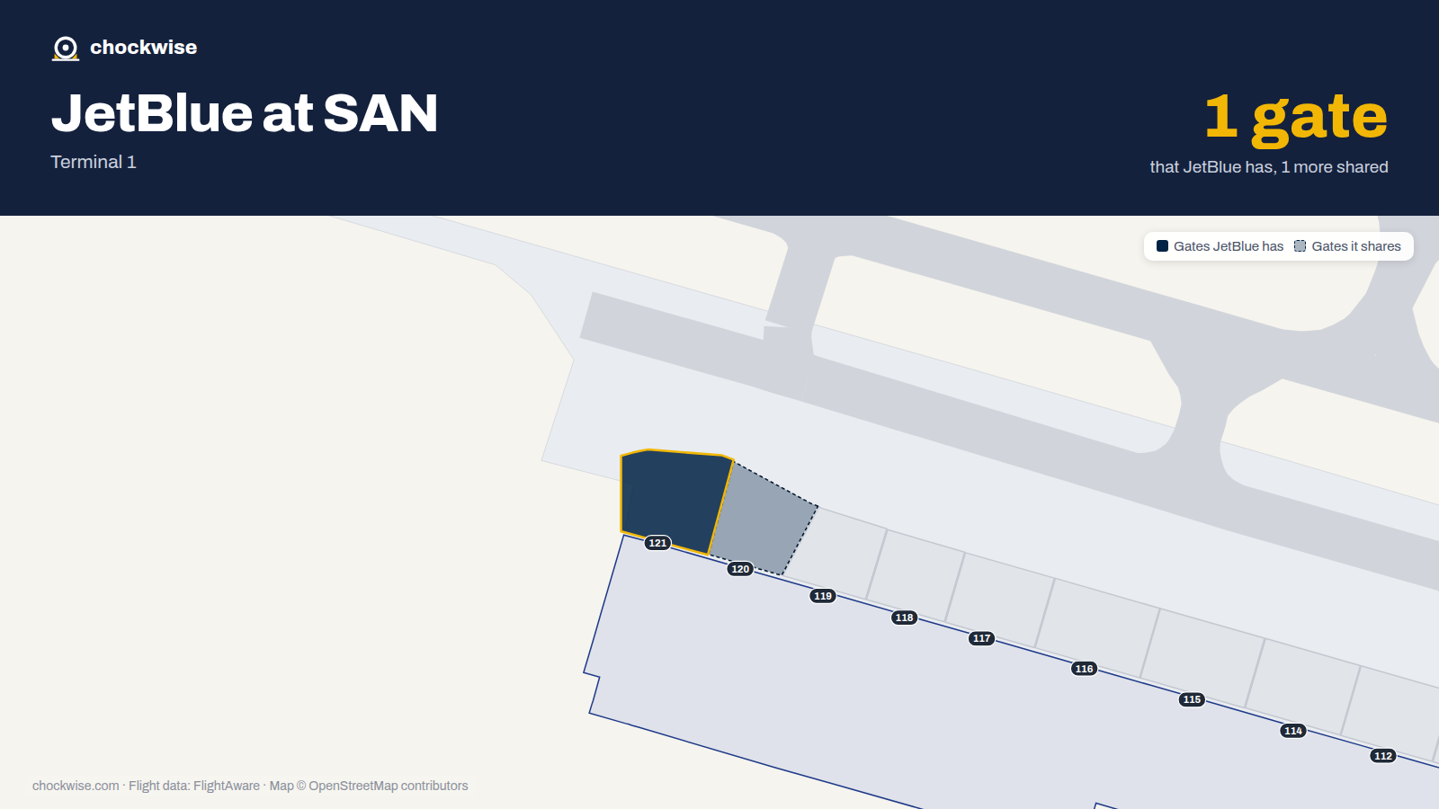 Map of SAN with the gates JetBlue uses highlighted: 121.