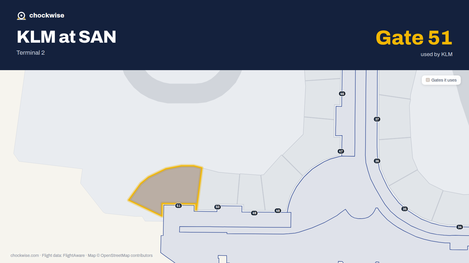 Map of SAN with the gates KLM uses highlighted: 51.