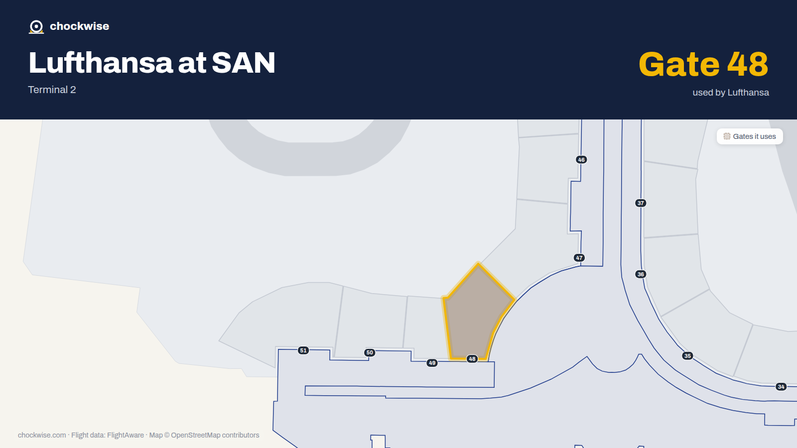 Map of SAN with the gates Lufthansa uses highlighted: 48.