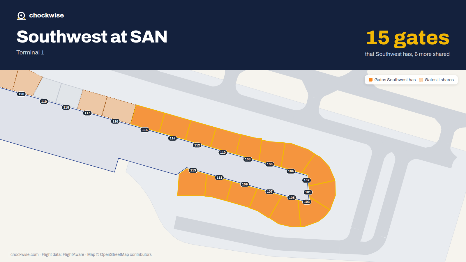 Map of SAN with the gates Southwest Airlines uses highlighted: 101, 102, 103, 104, 105, 106, 107, 108 and 7 more.