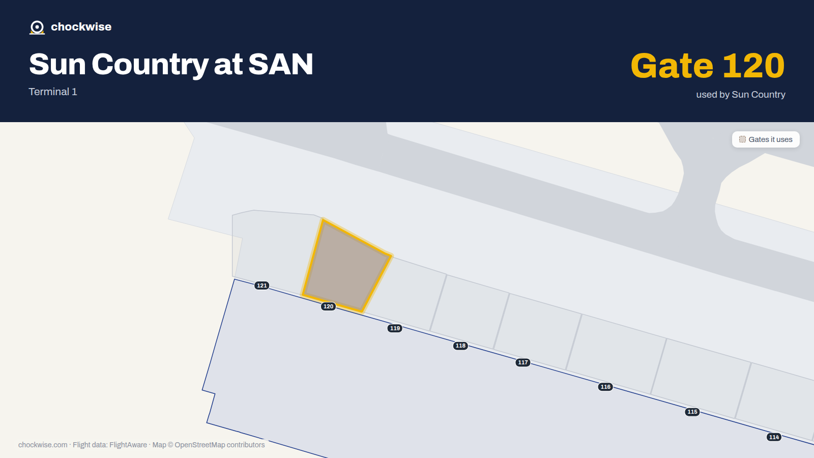 Map of SAN with the gates Sun Country Airlines uses highlighted: 120.