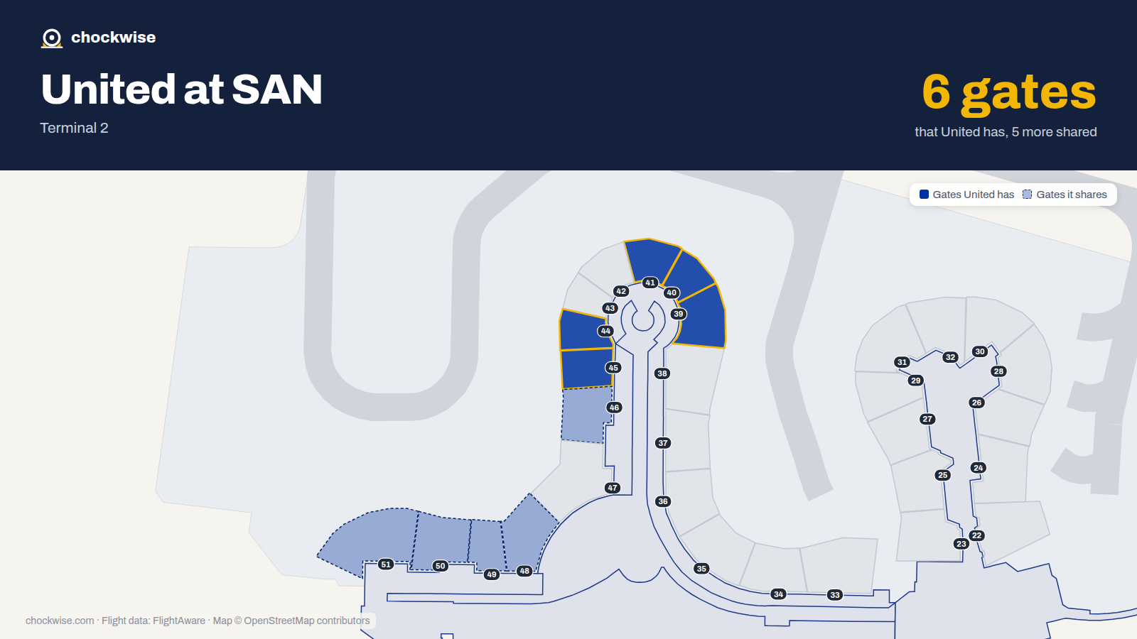 Map of SAN with the gates United Airlines uses highlighted: 39, 40, 41, 44 and 45.