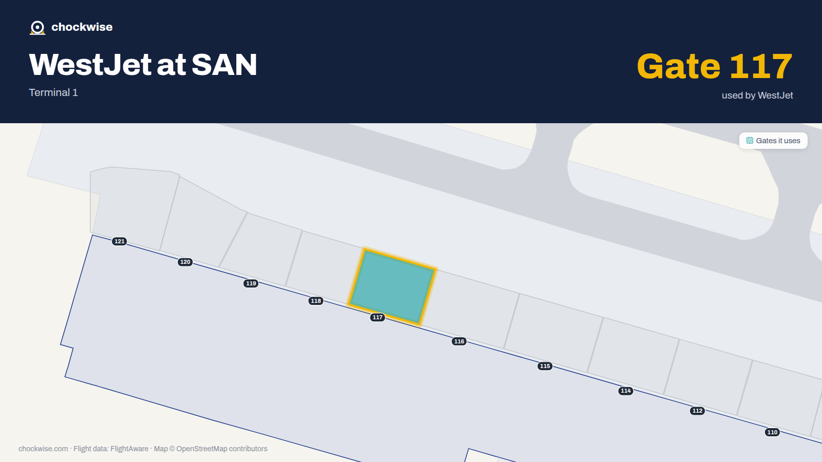 Map of SAN with the gates WestJet uses highlighted: 117.