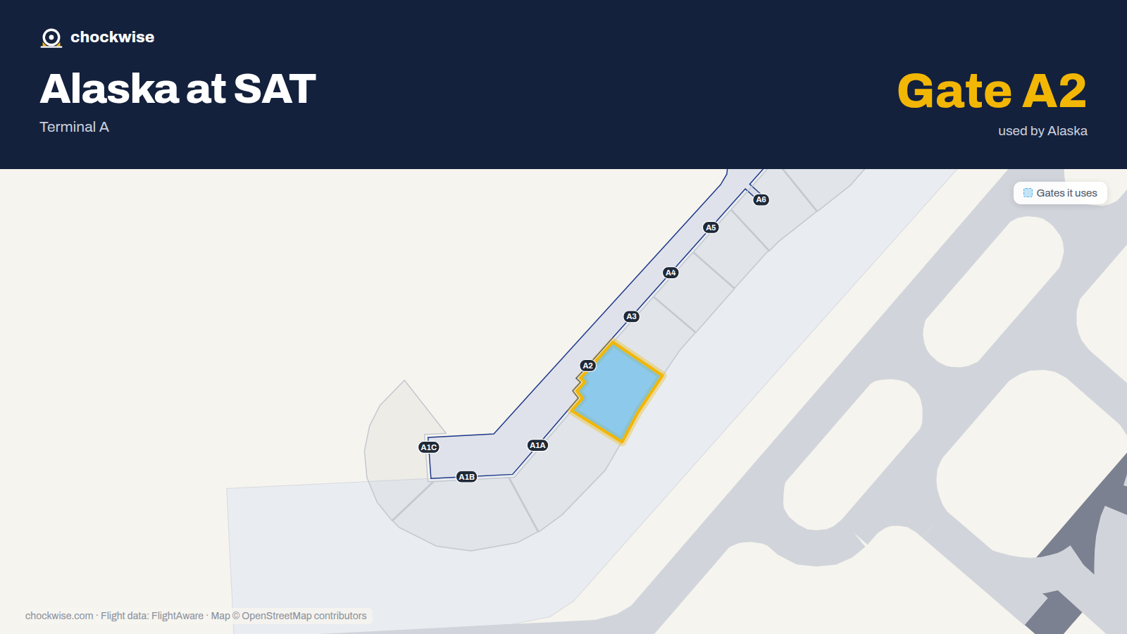 Map of SAT with the gates Alaska Airlines uses highlighted: A2.
