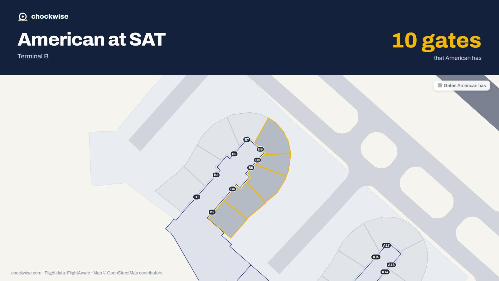 Map of SAT with the gates American Airlines uses highlighted: B2, B4, B6, B8 and B9.