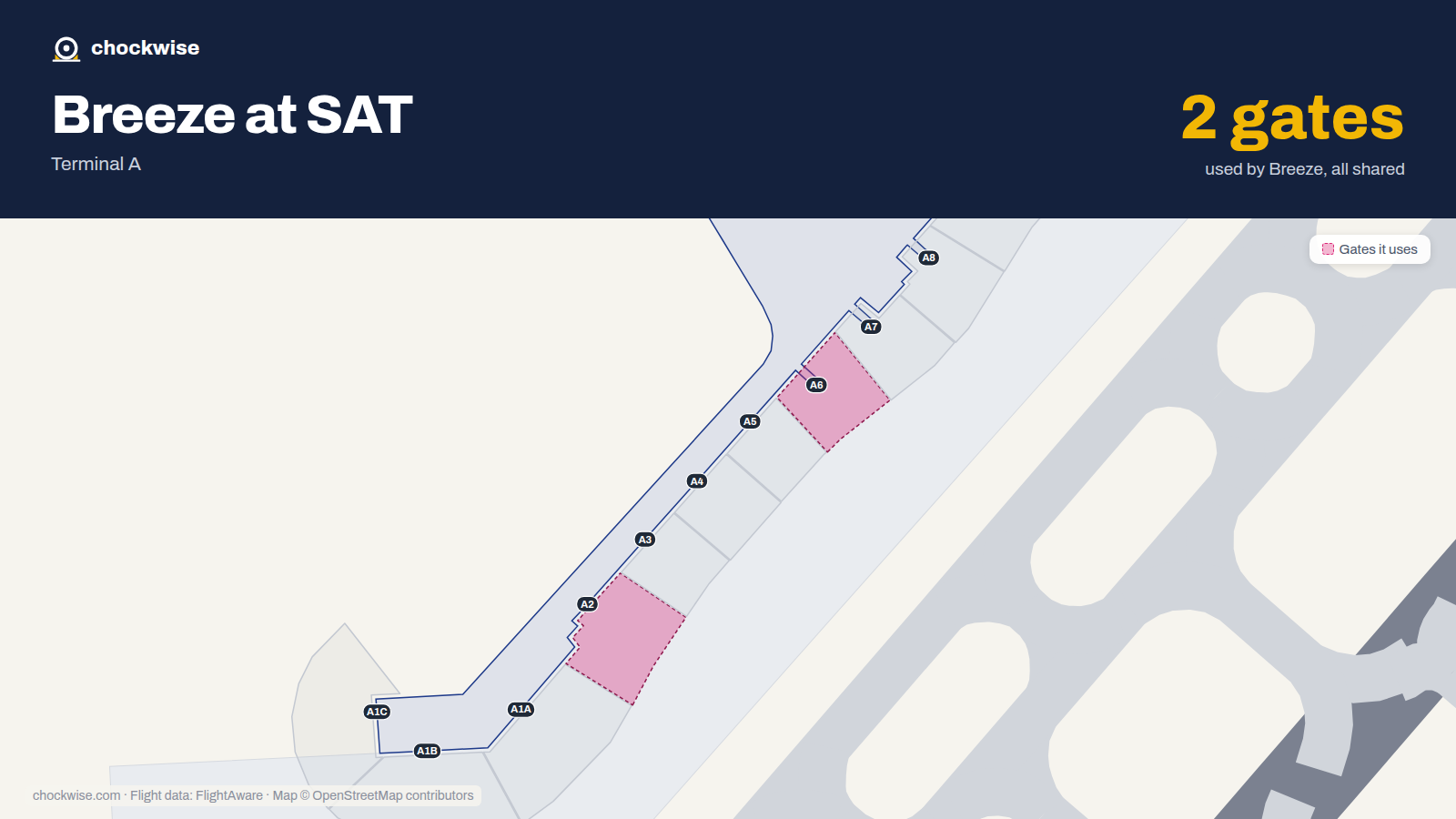 Map of SAT with the gates Breeze Airways uses highlighted: A2 and A6.