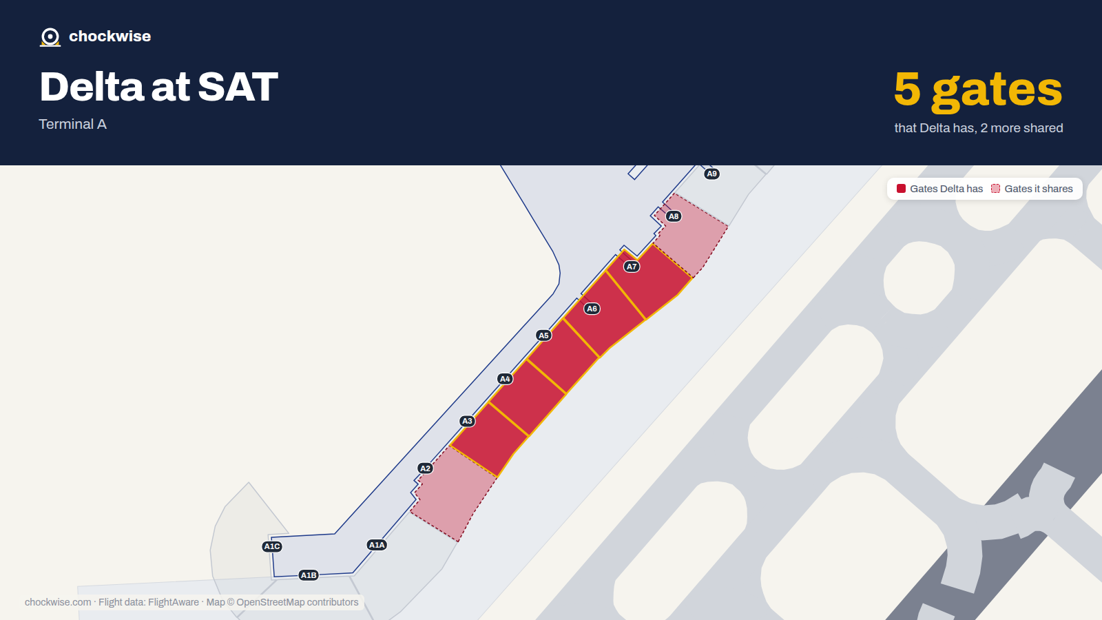 Map of SAT with the gates Delta Air Lines uses highlighted: A3, A4, A5, A6 and A7.