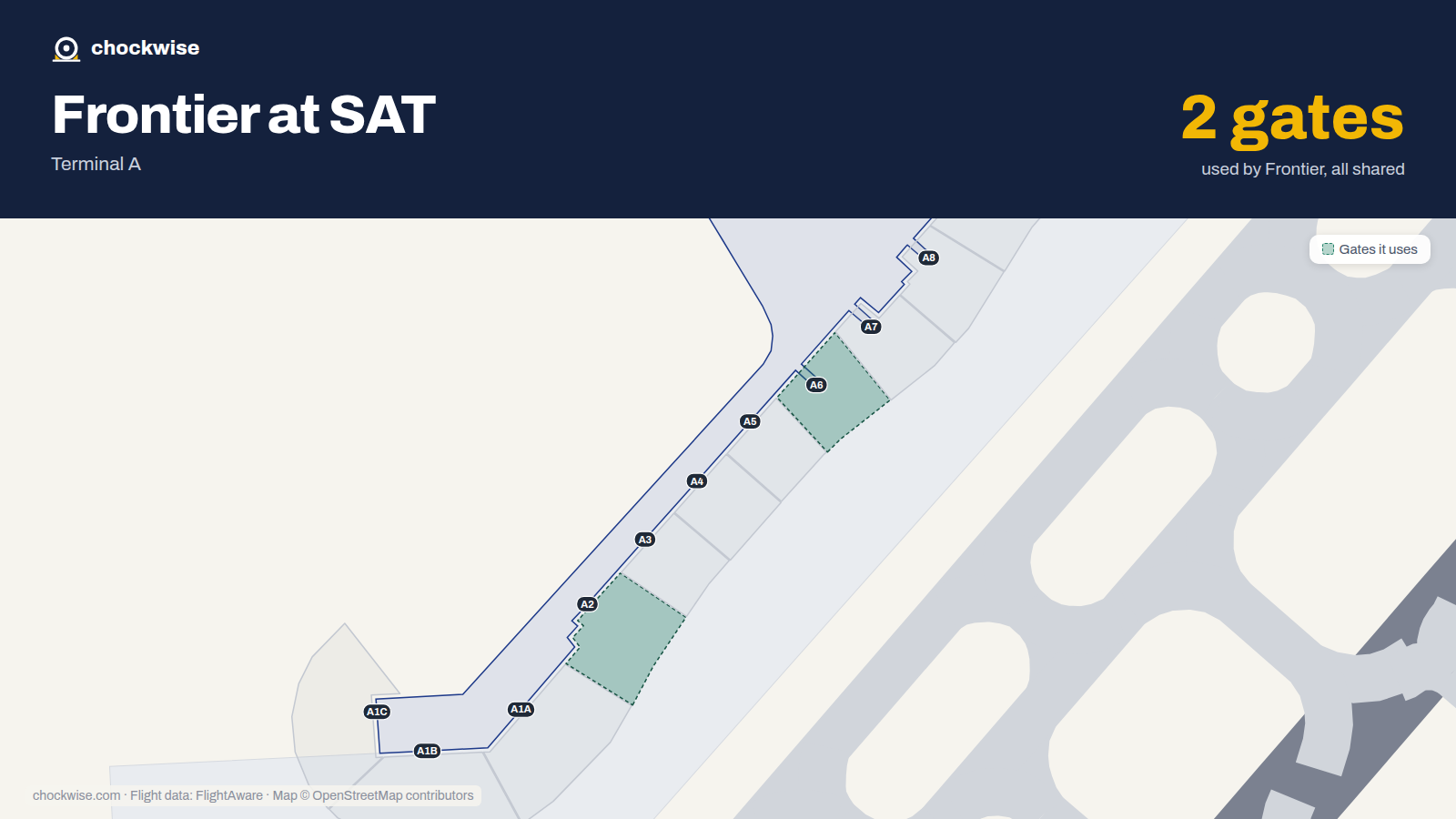 Map of SAT with the gates Frontier Airlines uses highlighted: A2 and A6.