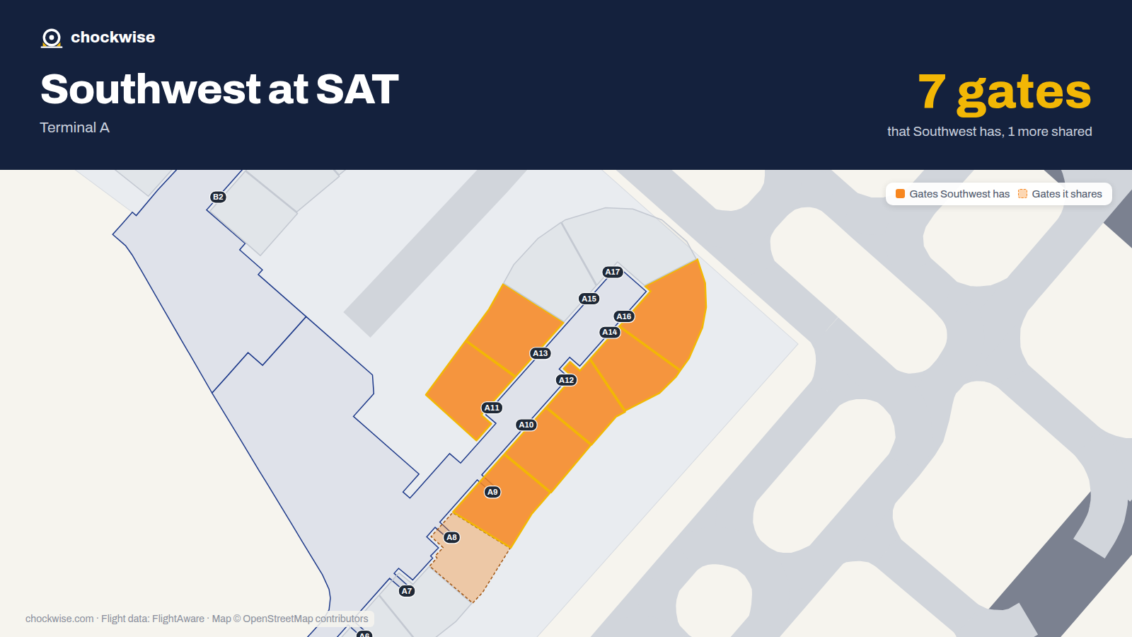 Map of SAT with the gates Southwest Airlines uses highlighted: A9, A10, A11, A12, A13, A14 and A16.