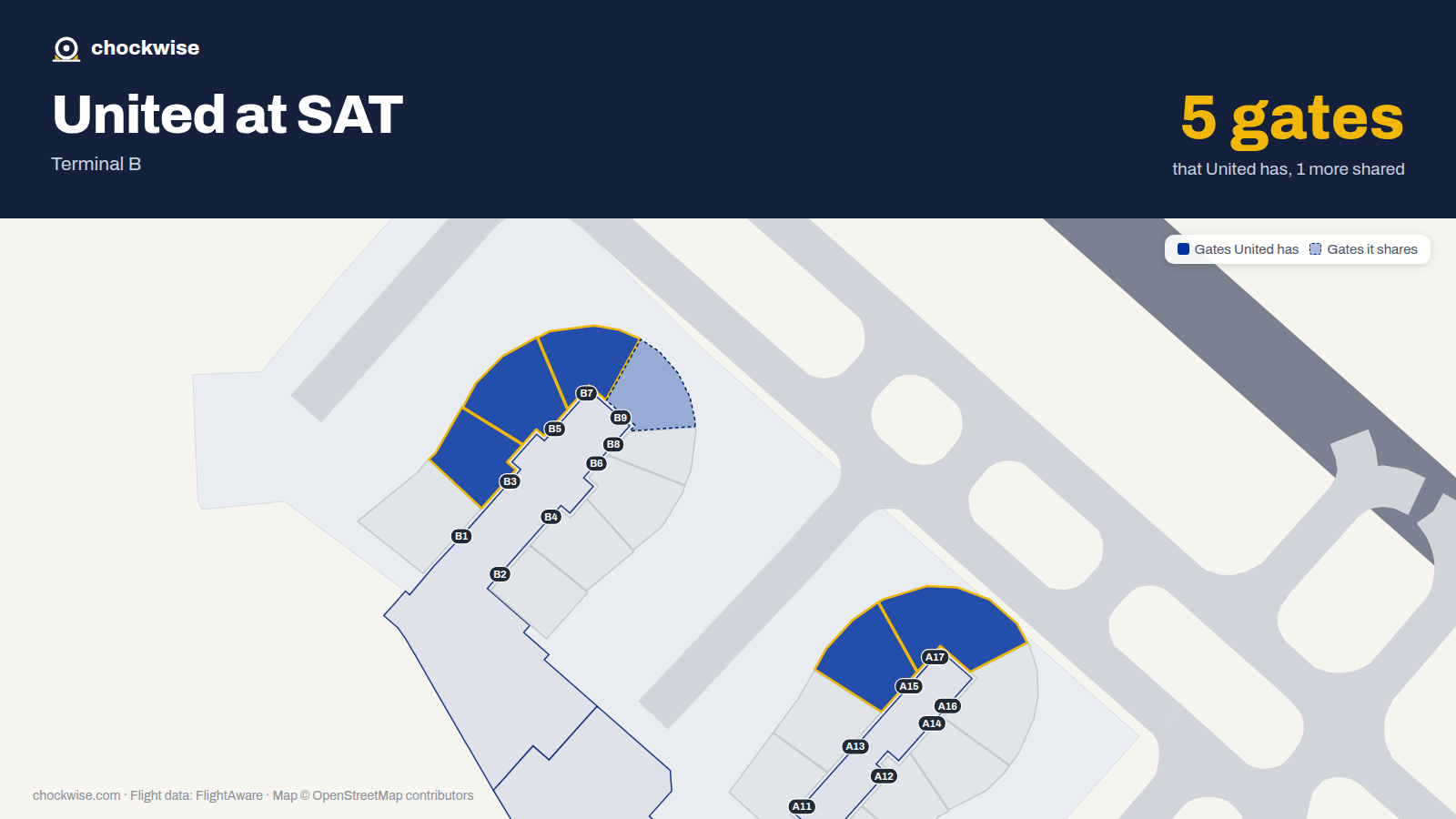 Map of SAT with the gates United Airlines uses highlighted: B3, B5, B7, A15 and A17.