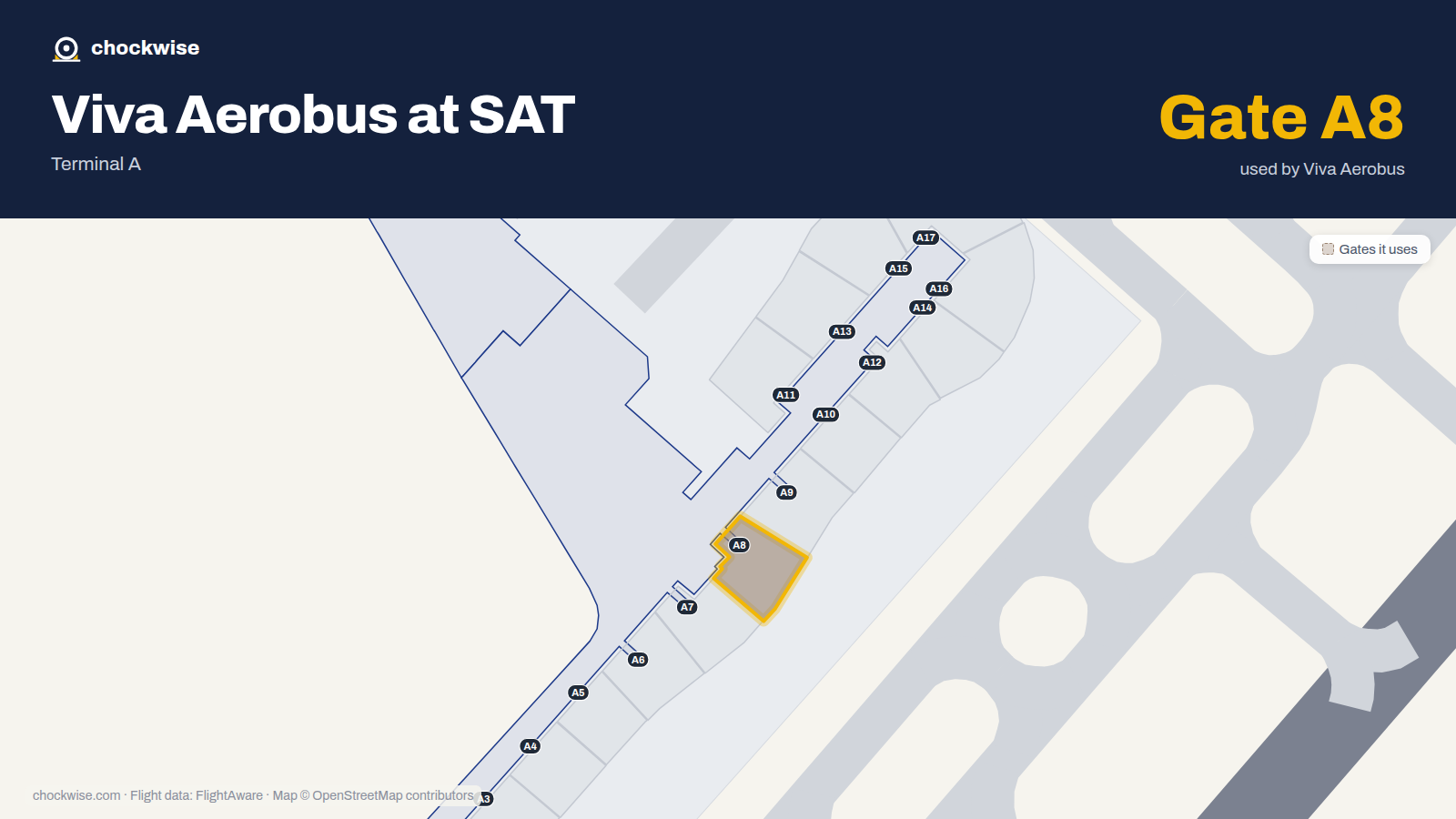 Map of SAT with the gates Viva Aerobus uses highlighted: A8.