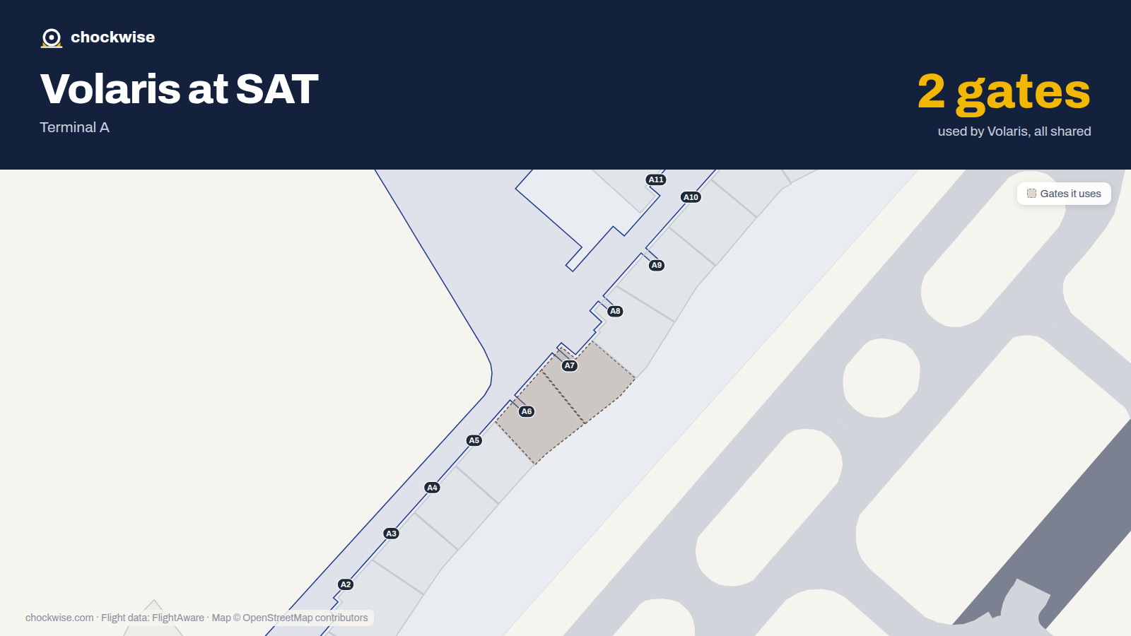 Map of SAT with the gates Volaris uses highlighted: A6 and A7.
