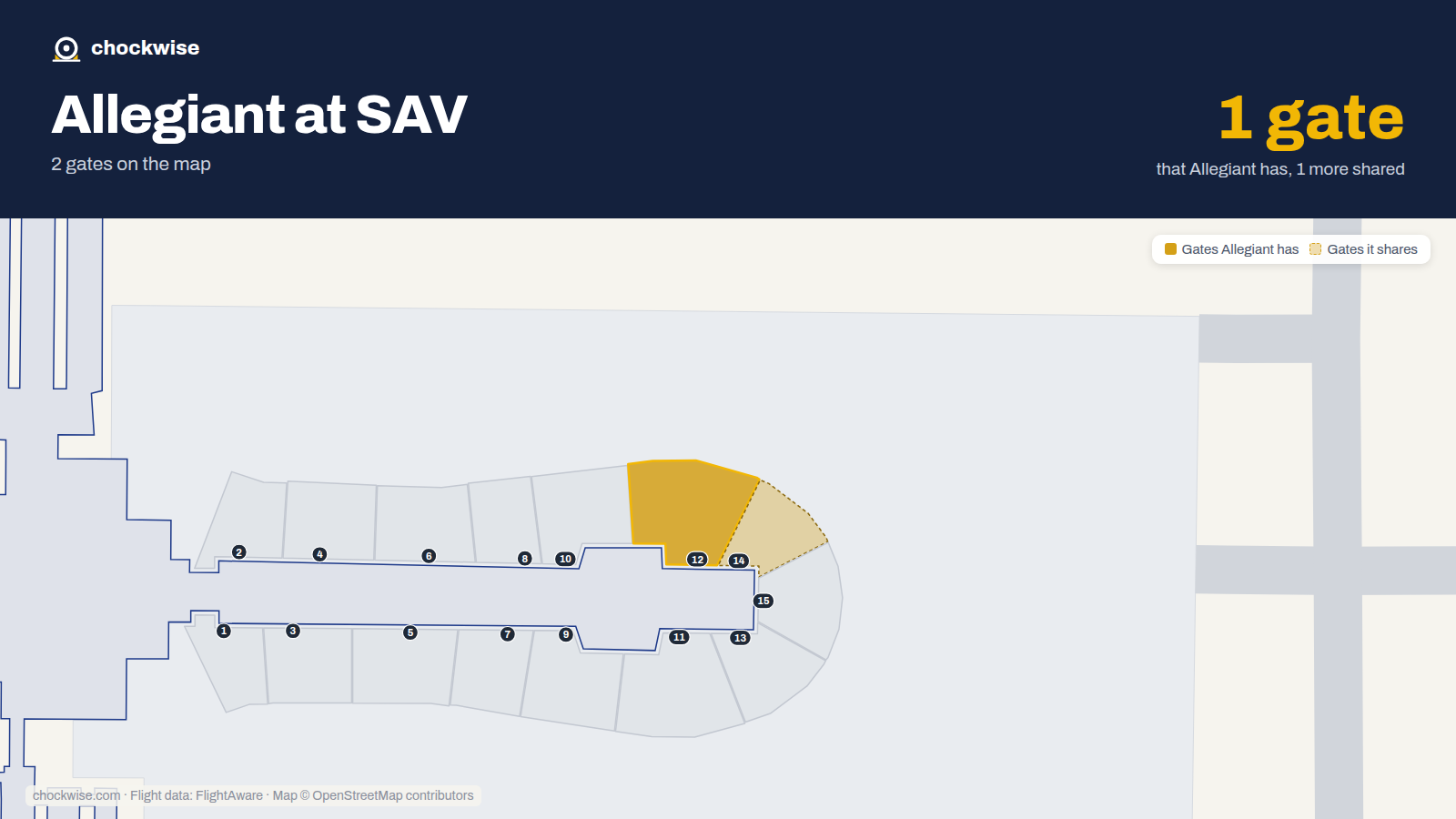 Map of SAV with the gates Allegiant Air uses highlighted: 12.