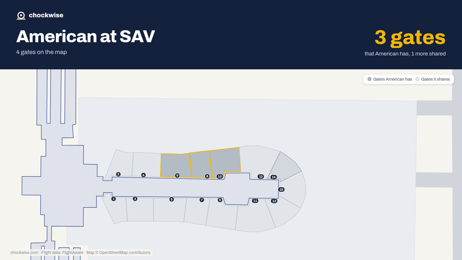 Map of SAV with the gates American Airlines uses highlighted: 6, 8 and 10.