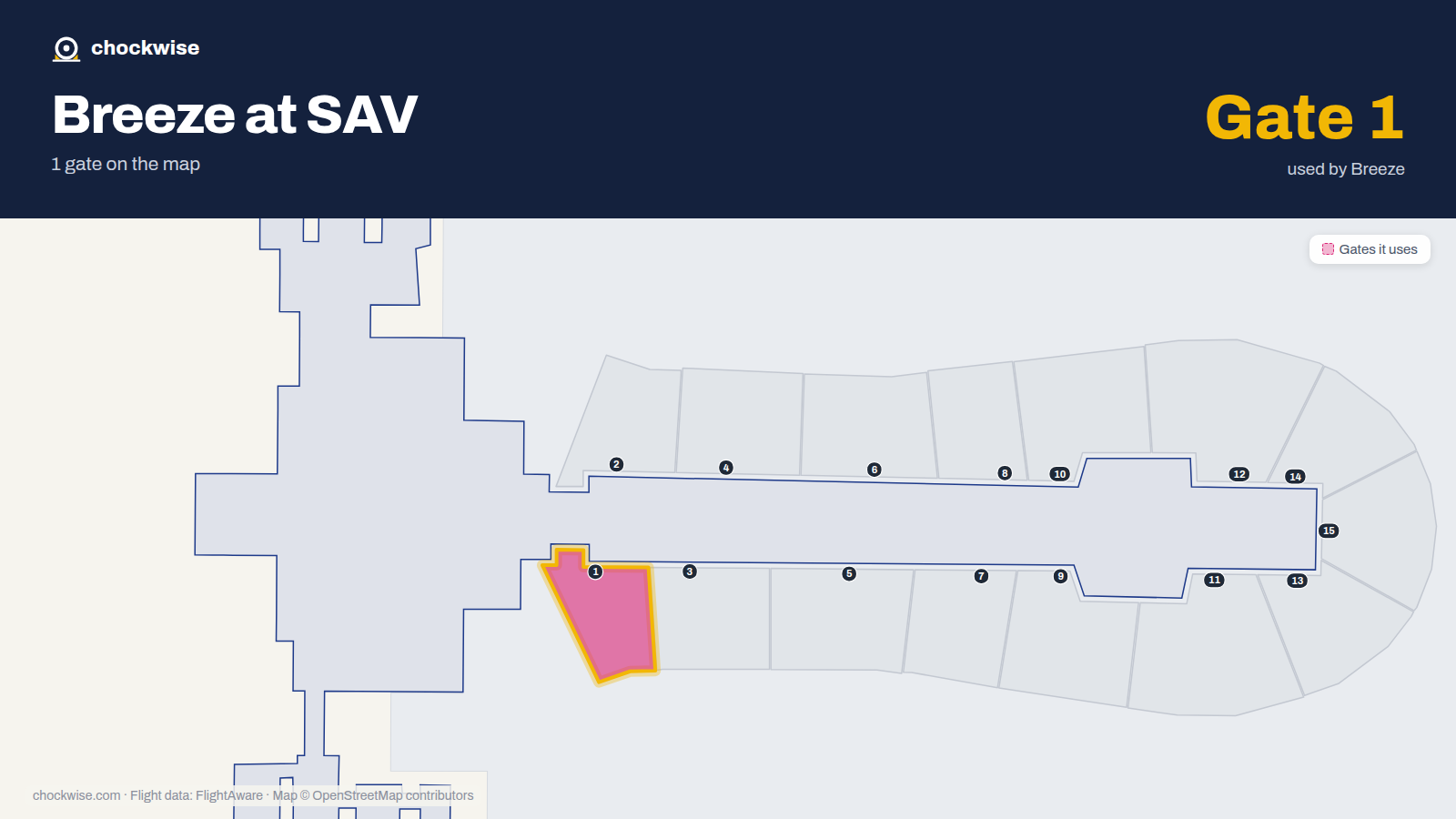 Map of SAV with the gates Breeze Airways uses highlighted: 1.