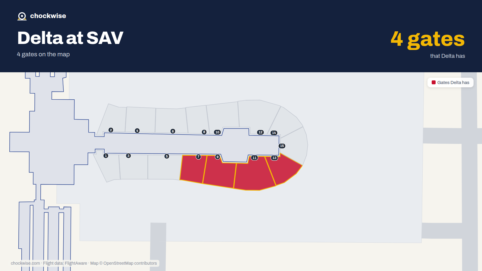 Map of SAV with the gates Delta Air Lines uses highlighted: 7, 9, 11 and 13.