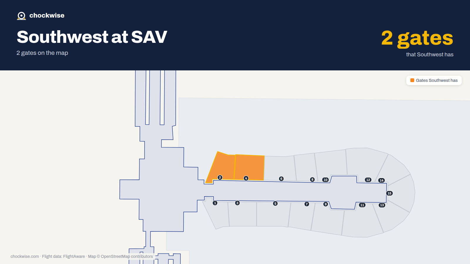 Map of SAV with the gates Southwest Airlines uses highlighted: 2 and 4.