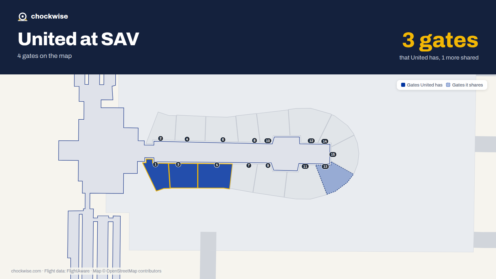 Map of SAV with the gates United Airlines uses highlighted: 1, 3 and 5.