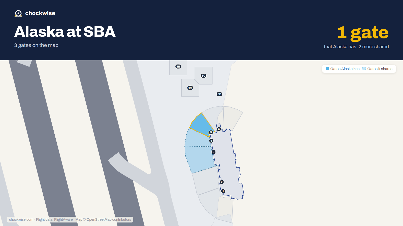 Map of SBA with the gates Alaska Airlines uses highlighted: 5.