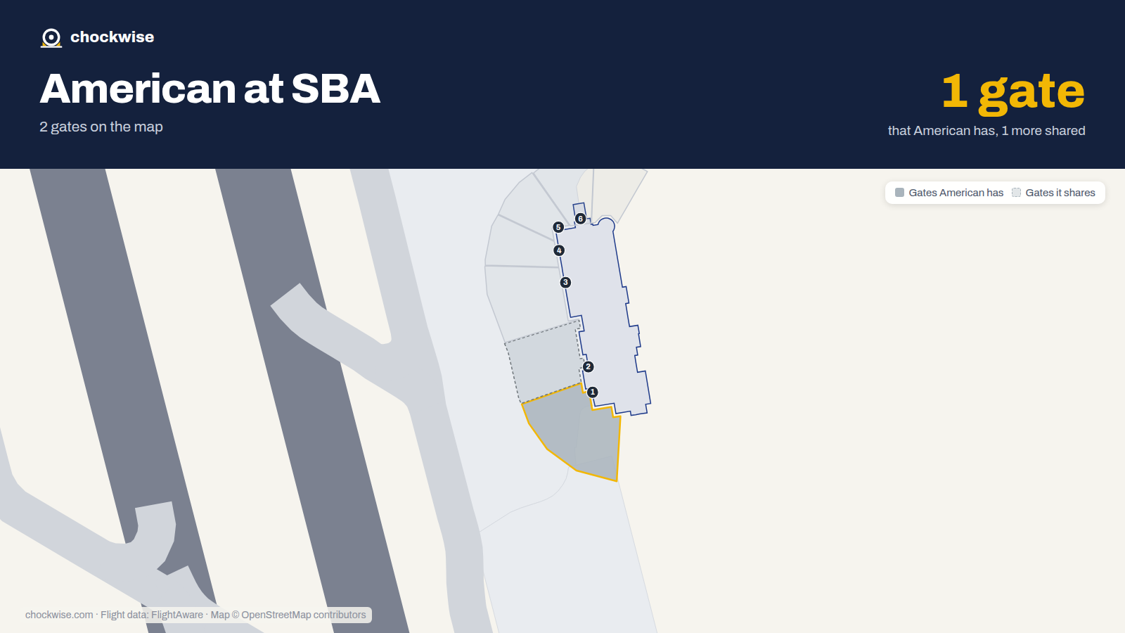 Map of SBA with the gates American Airlines uses highlighted: 1.