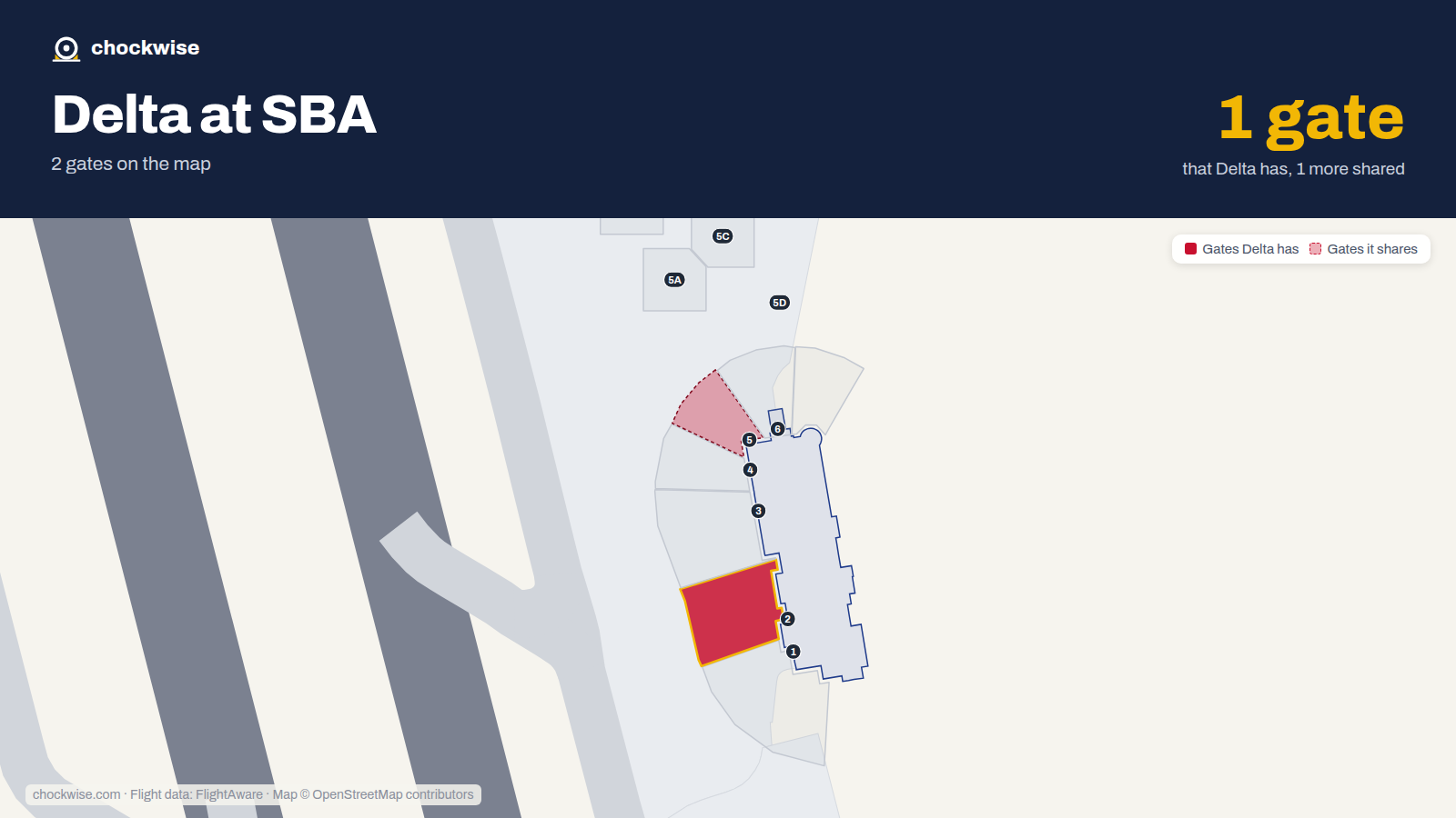 Map of SBA with the gates Delta Air Lines uses highlighted: 2.