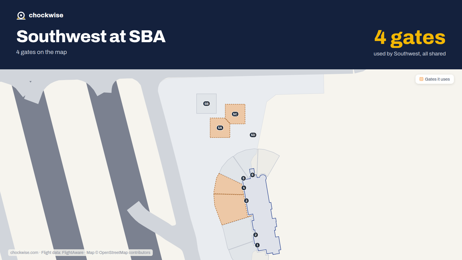 Map of SBA with the gates Southwest Airlines uses highlighted: 3, 4, 5A and 5C.