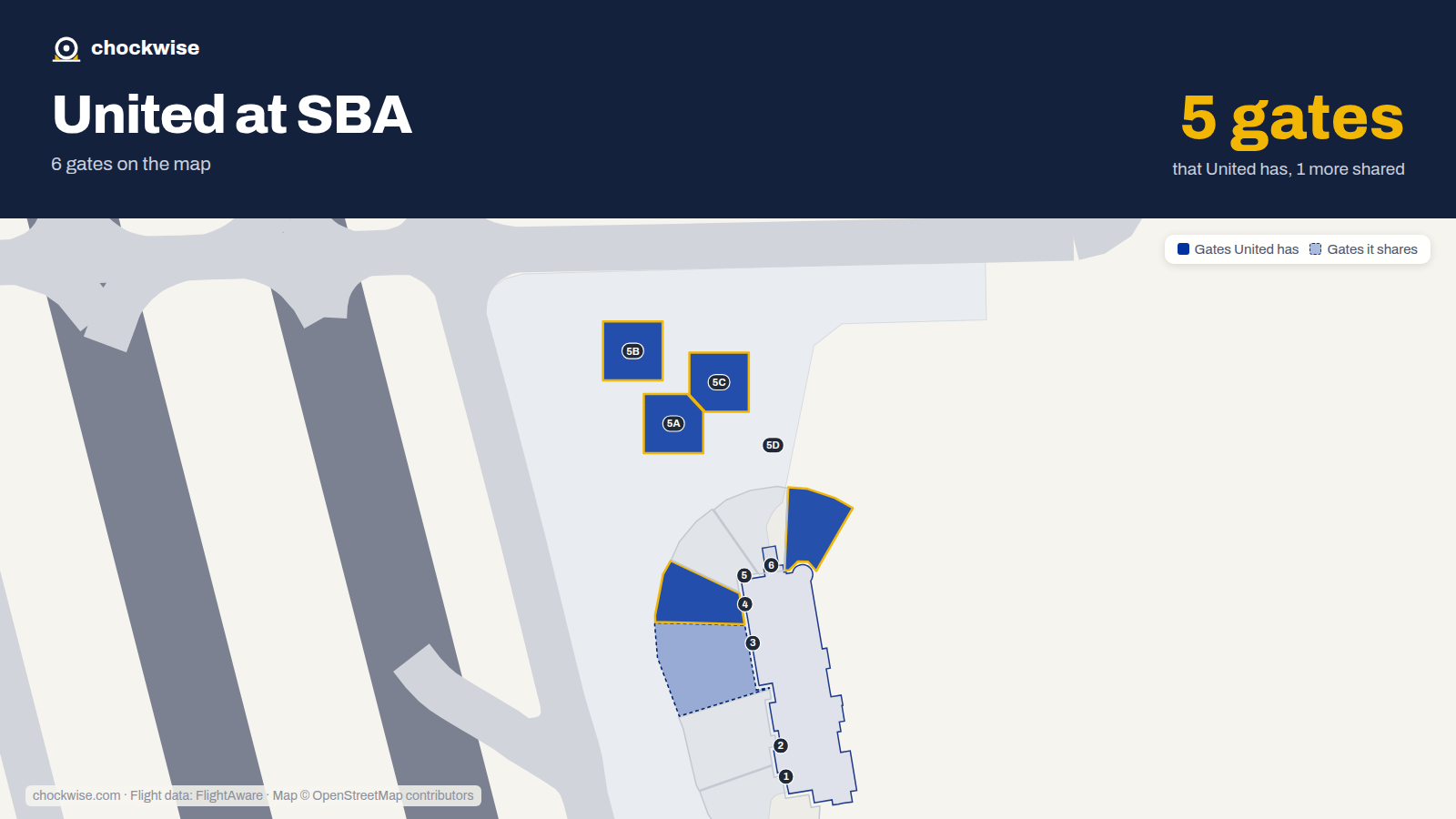 Map of SBA with the gates United Airlines uses highlighted: 4, 5A, 5B, 5C and 5D.