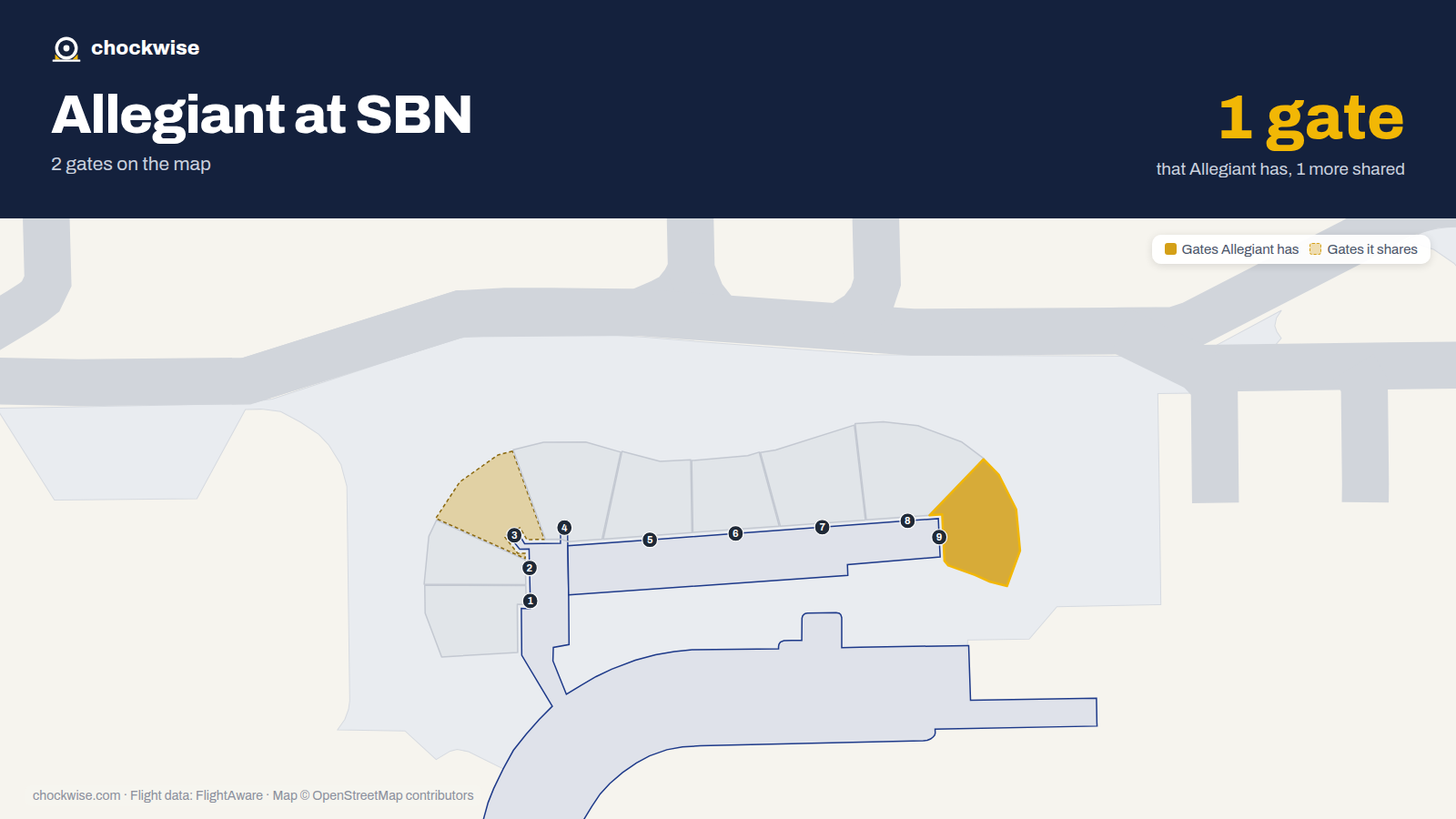 Map of SBN with the gates Allegiant Air uses highlighted: 9.