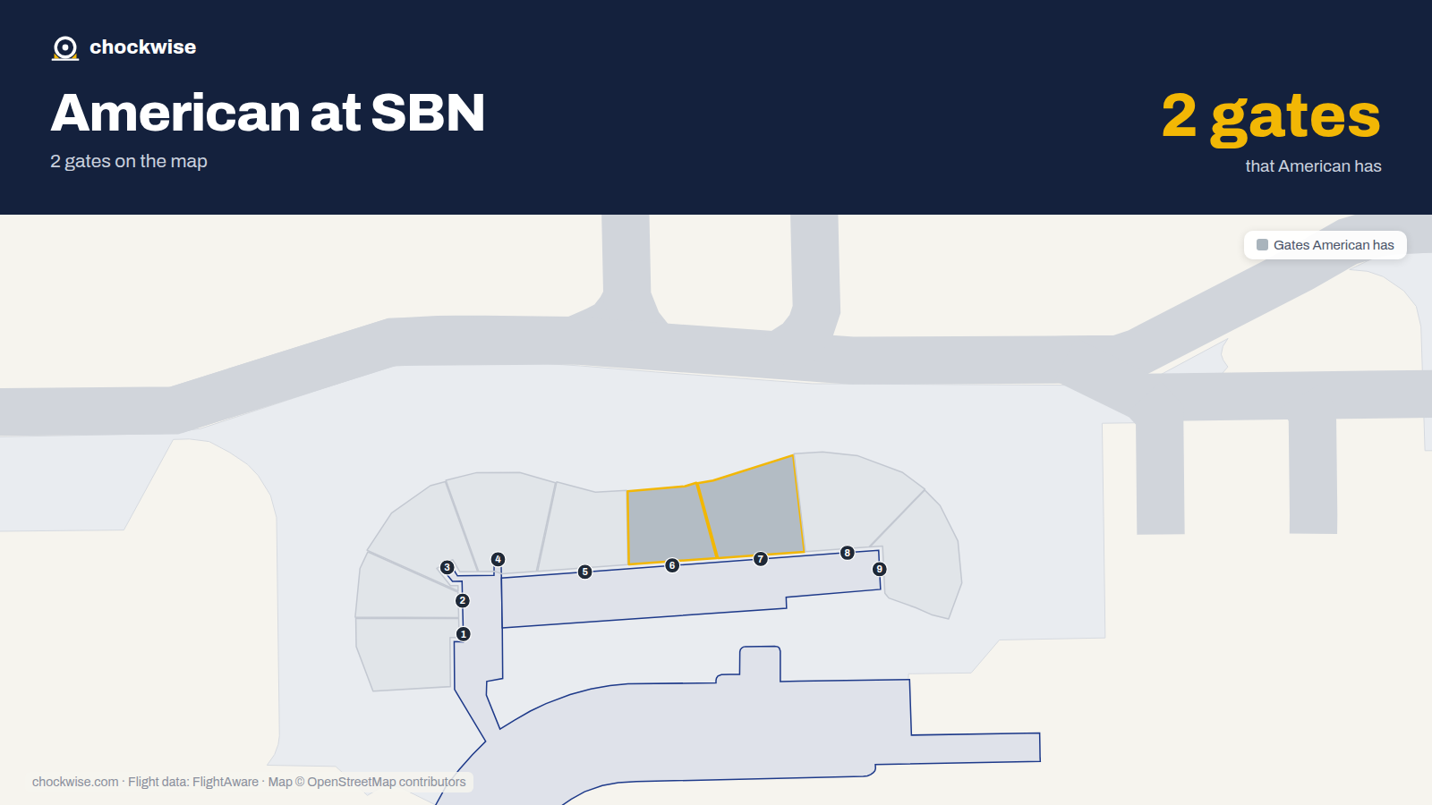 Map of SBN with the gates American Airlines uses highlighted: 6 and 7.